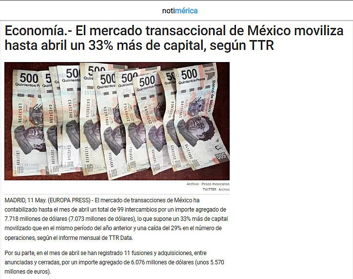 Economa.- El mercado transaccional de Mxico moviliza hasta abril un 33% ms de capital, segn TTR